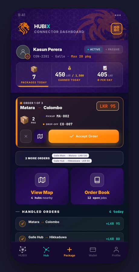 HUBIX app: a connector's dashboard for the trips they're carrying.