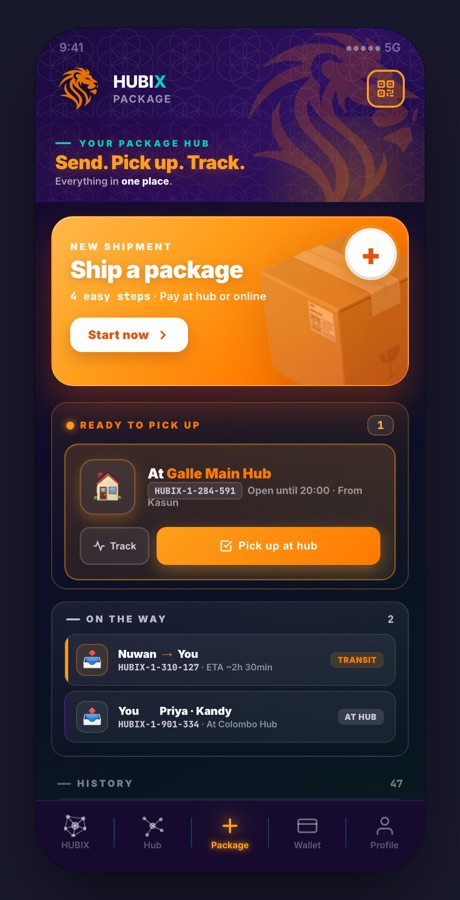 HUBIX app: a single parcel's record from counter to Hub.