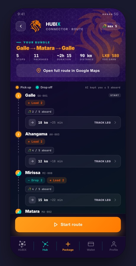 HUBIX app: a connector's route down the coast, stop by stop.