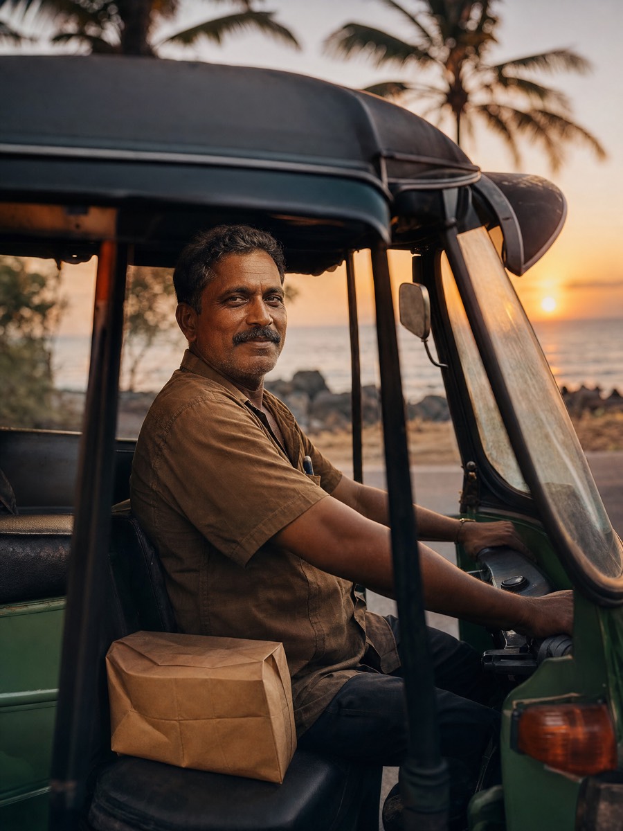 A tuk-tuk driver at sunset by the sea, a wrapped parcel on the seat beside him.