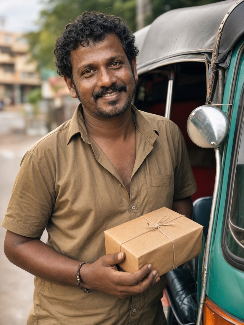 A tuk-tuk driver holding a parcel beside their vehicle.