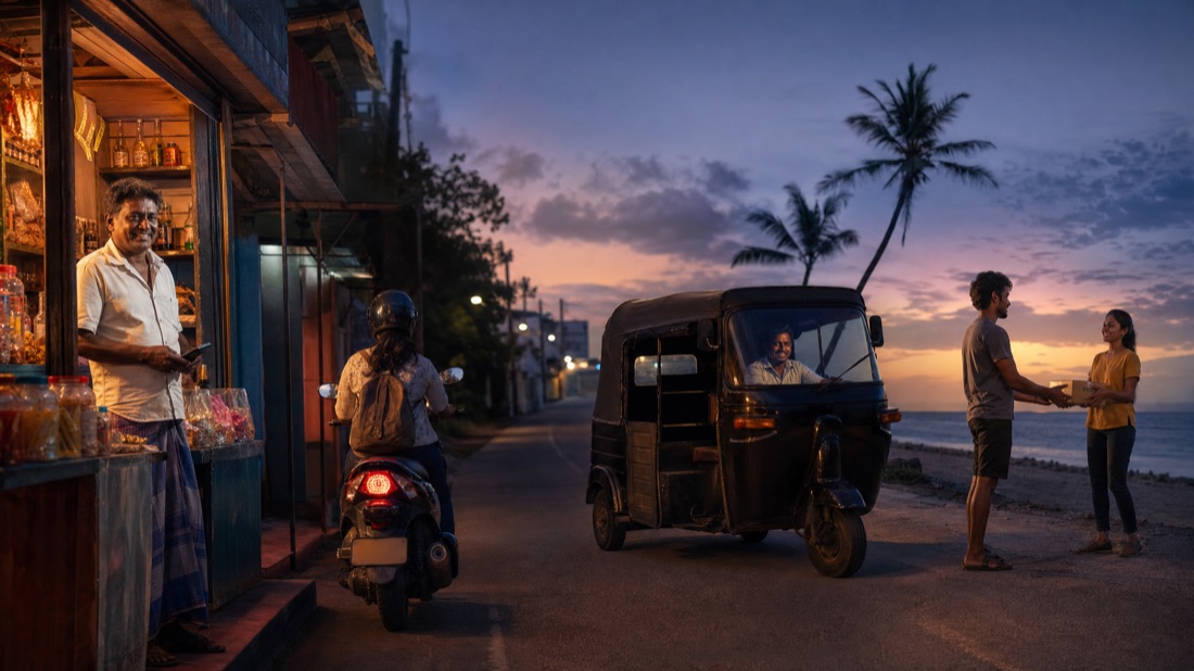People along the coast at dusk, connected by the flow of parcels.