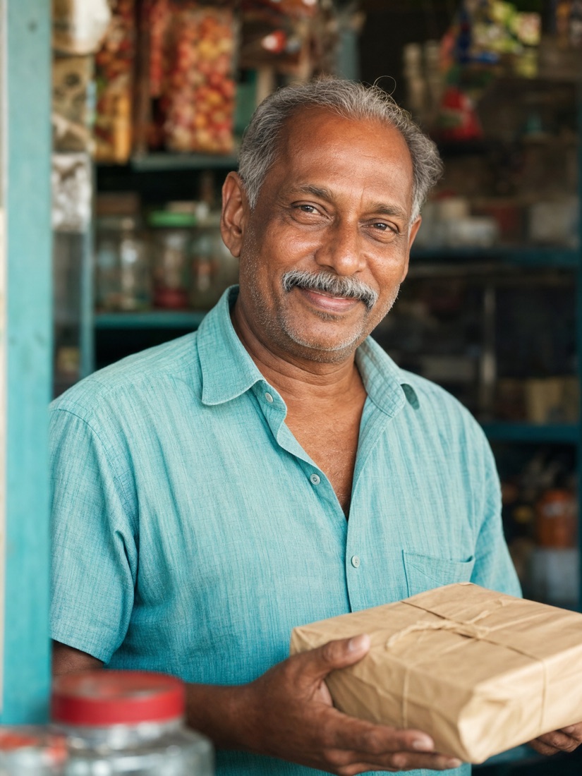 A neighbourhood shop owner holding a wrapped parcel.