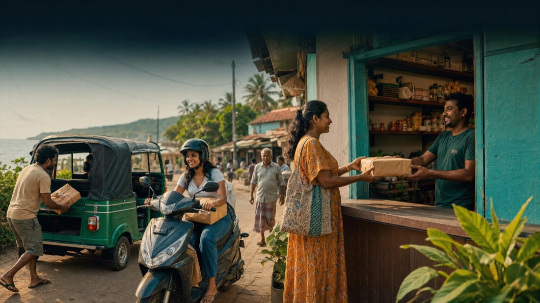 A busy south-coast street: a shop hands over a parcel, a driver loads, a rider sets off.