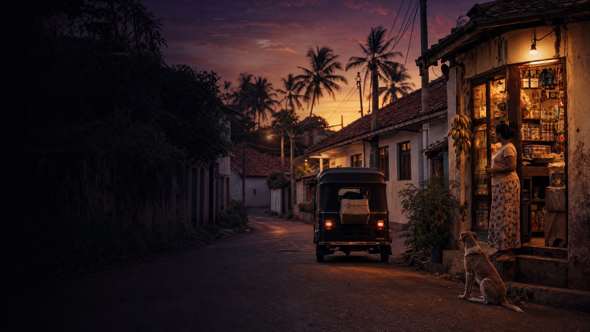 A tuk-tuk carrying a parcel past a lit corner shop at dusk.