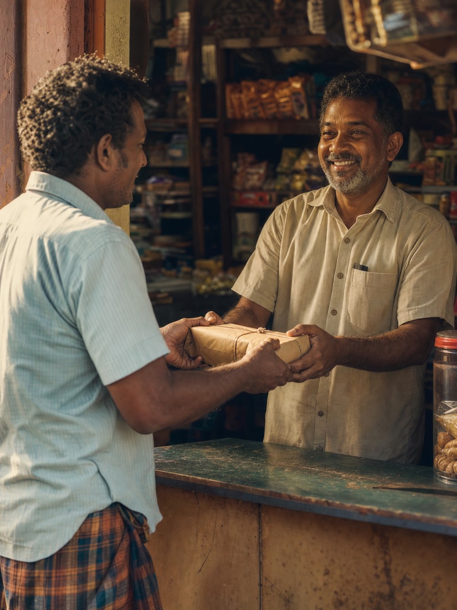 Two men exchanging a wrapped parcel across a shop counter in warm daylight.