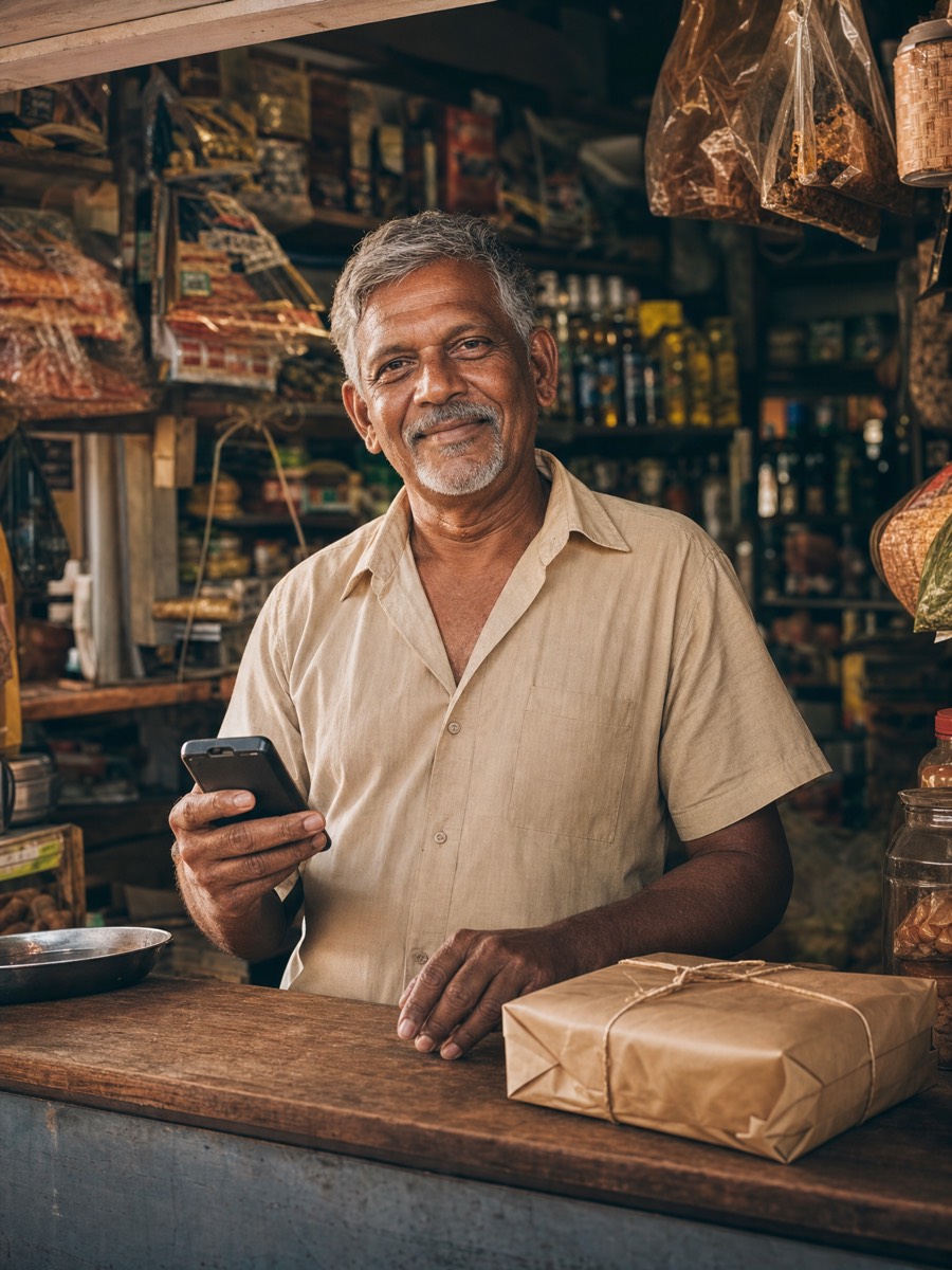 A shopkeeper smiling behind his counter, phone in hand, a wrapped parcel ready beside him.